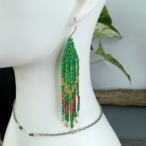 Boho Chic Green and Gold Beaded Fringe Earrings, Cascade Shoulder Duster - Picture 1 of 11